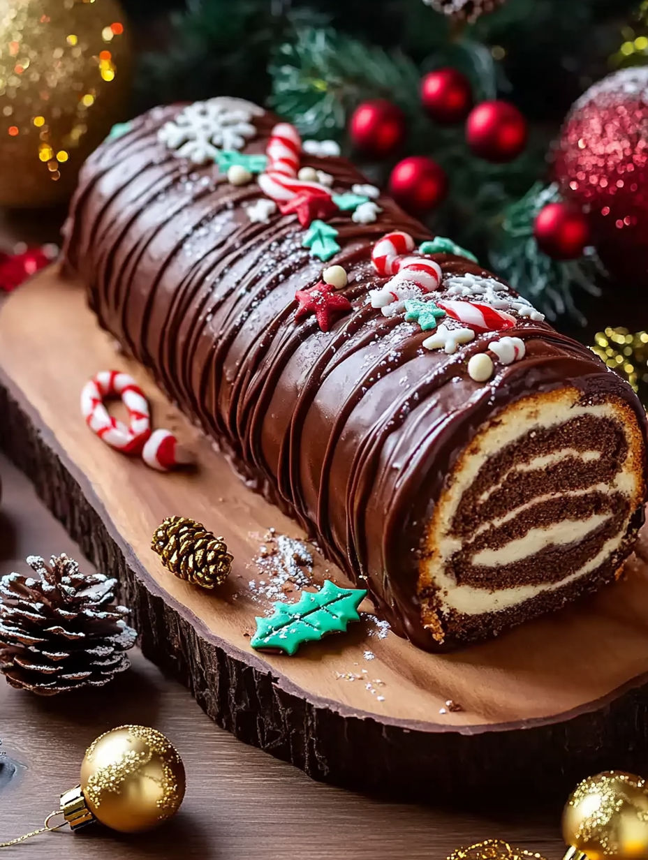A chocolate cake with white icing and candy decorations.