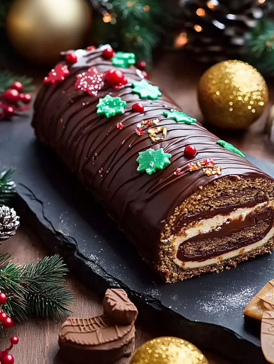 A chocolate cake with a green and red decoration.
