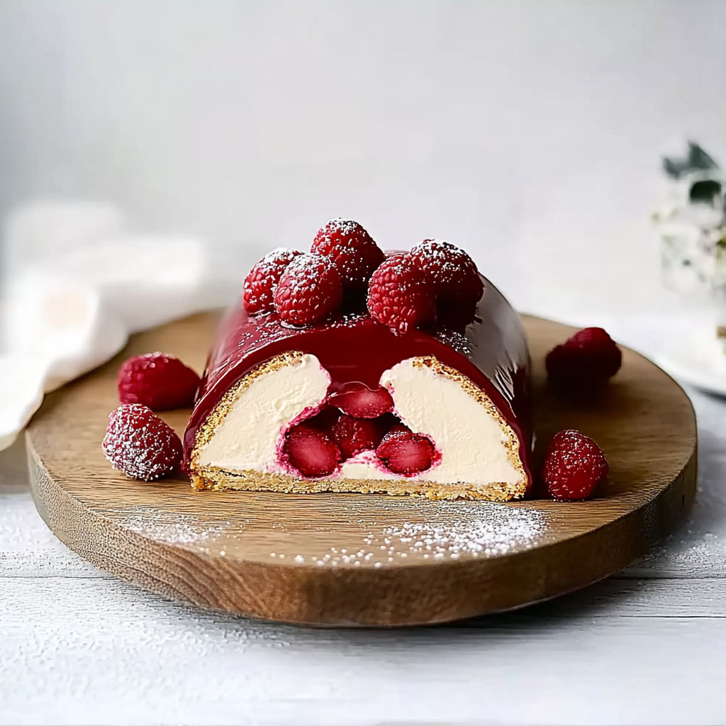 A cake with raspberries on top.