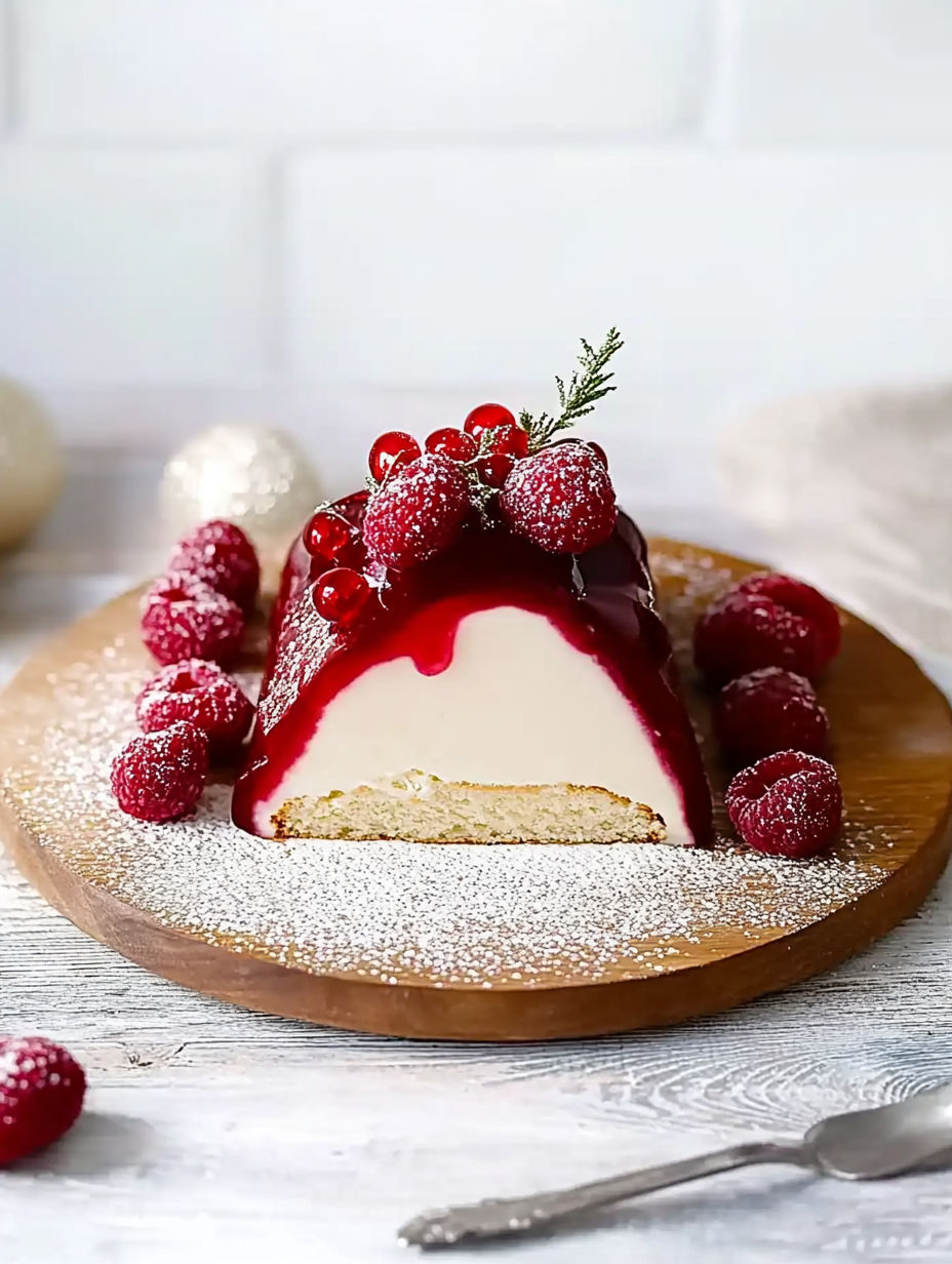 A slice of cake with raspberries on top.
