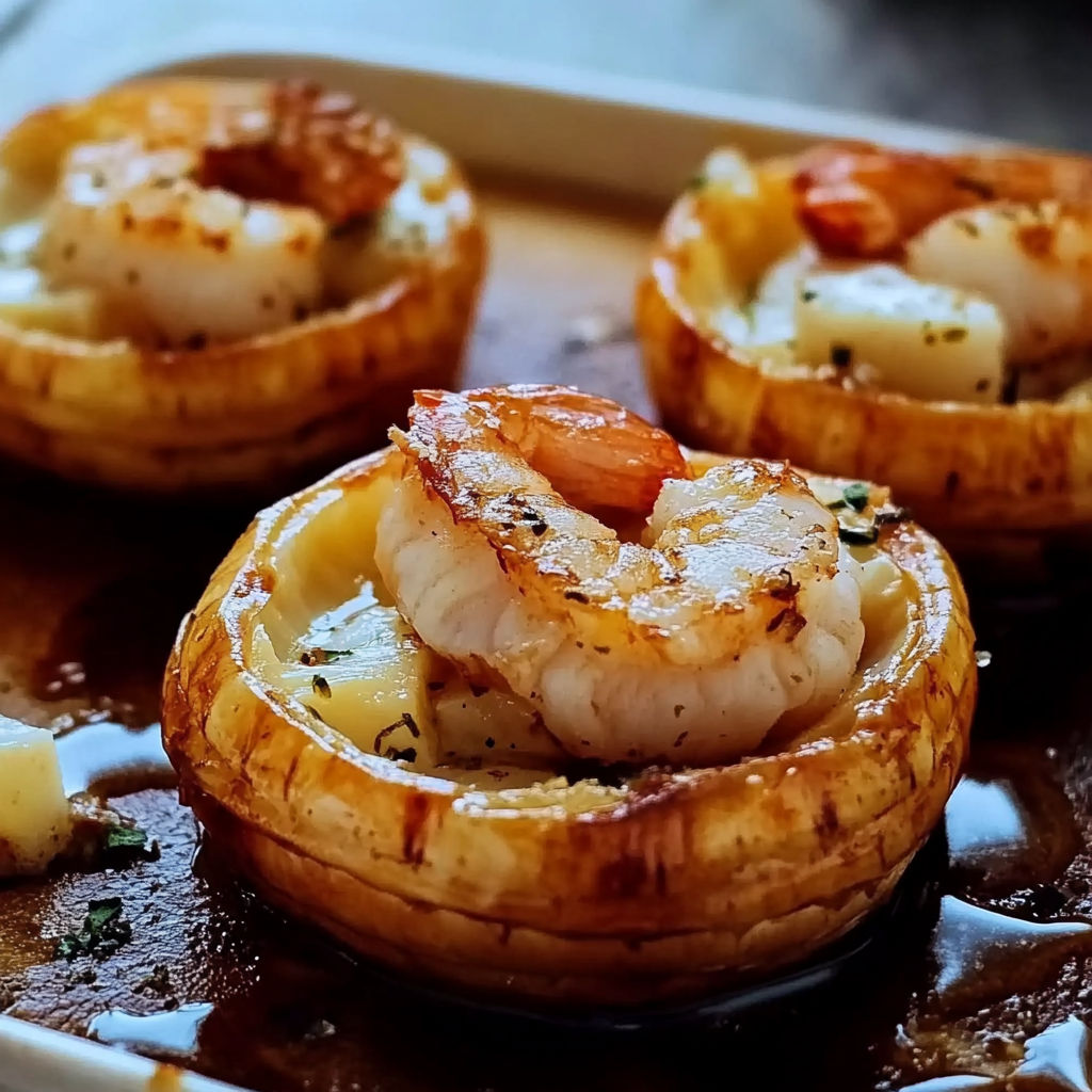 A plate of shrimp and scallop appetizers.