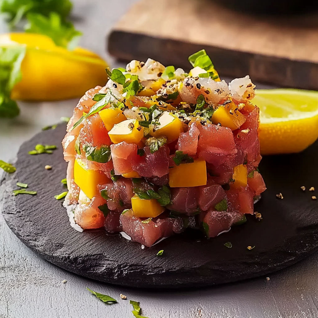 A plate of raw fish with lemon and garnish.