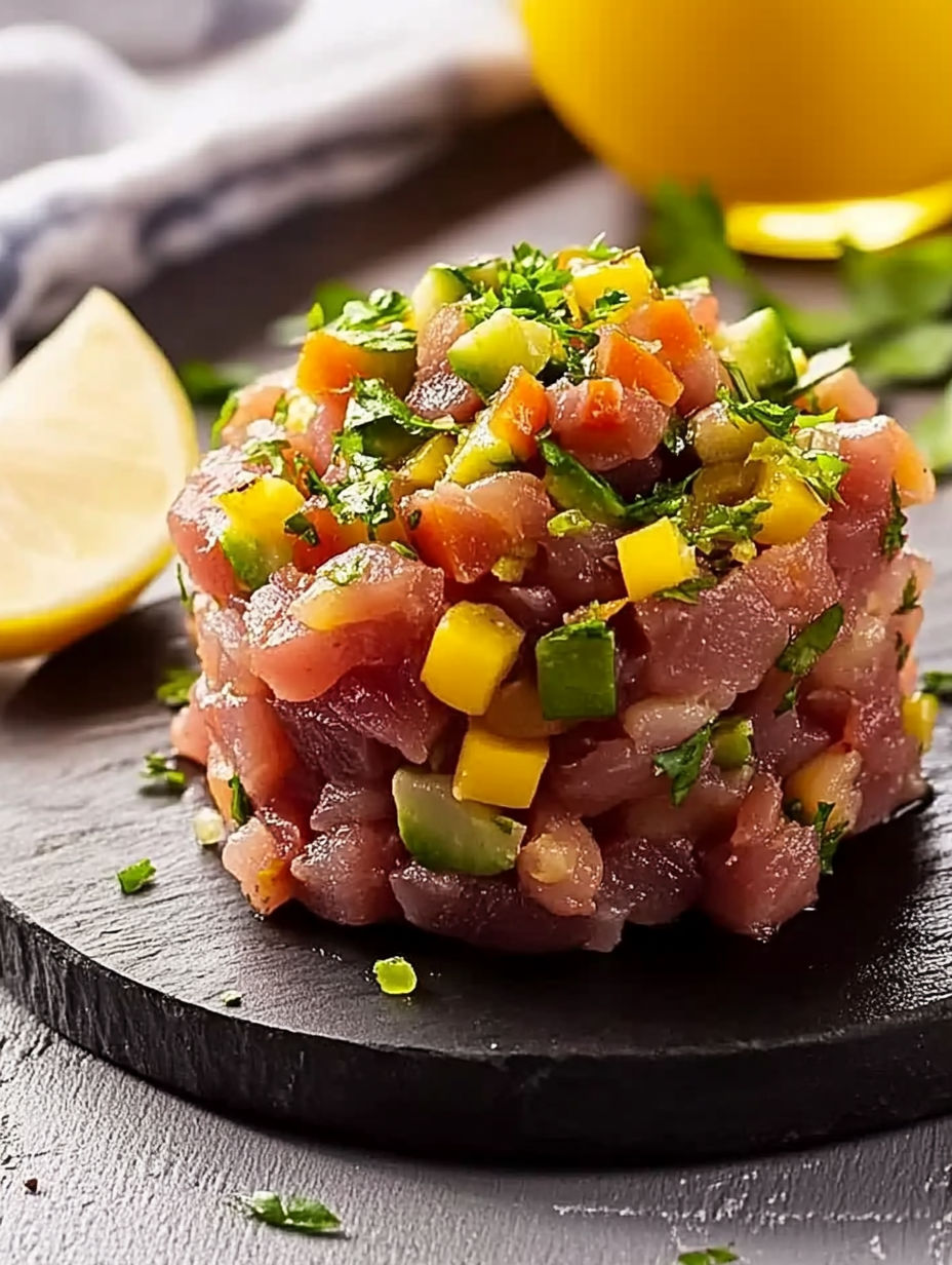 A piece of meat with vegetables on top.