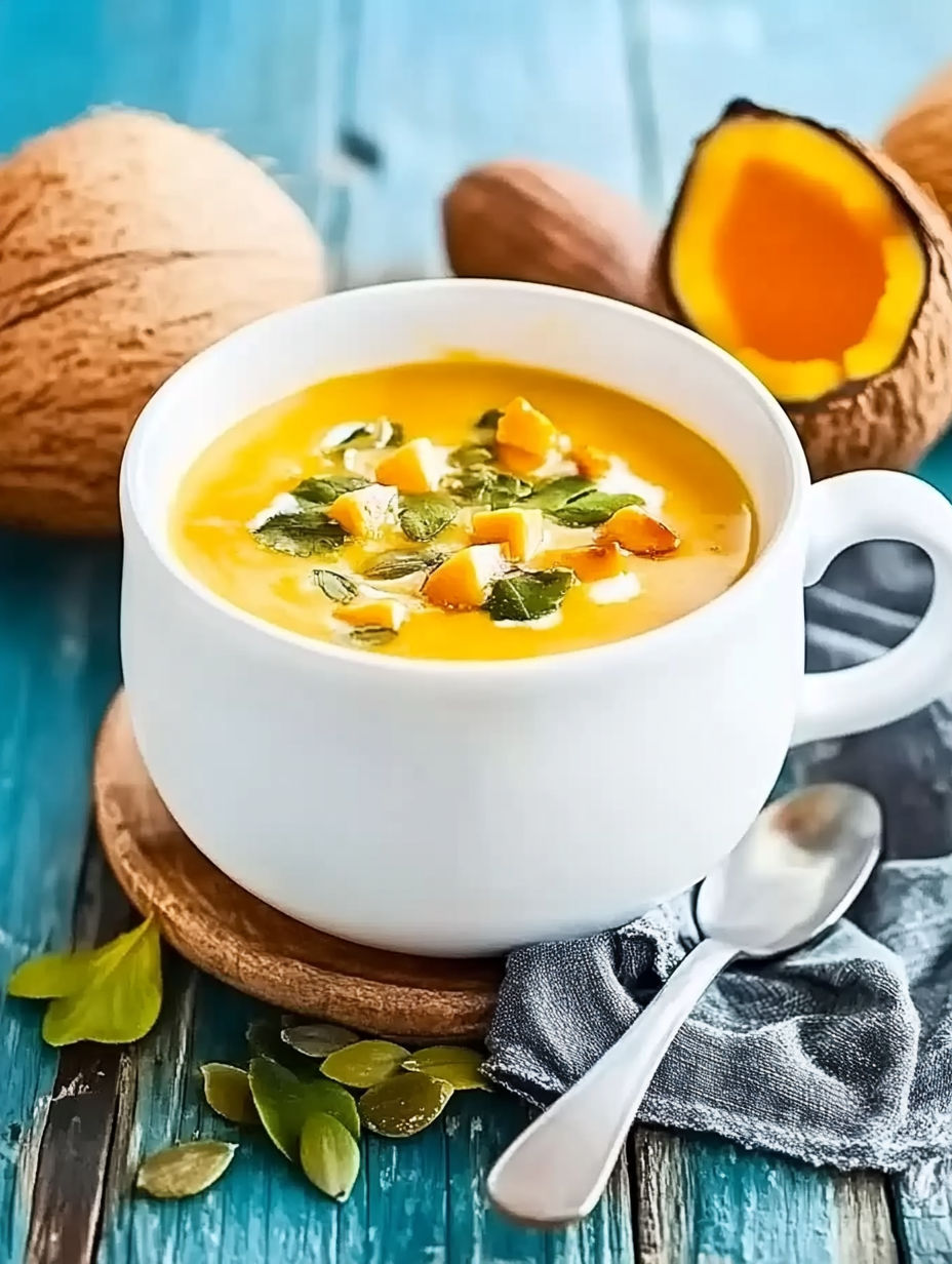 A cup of soup with a spoon in it.