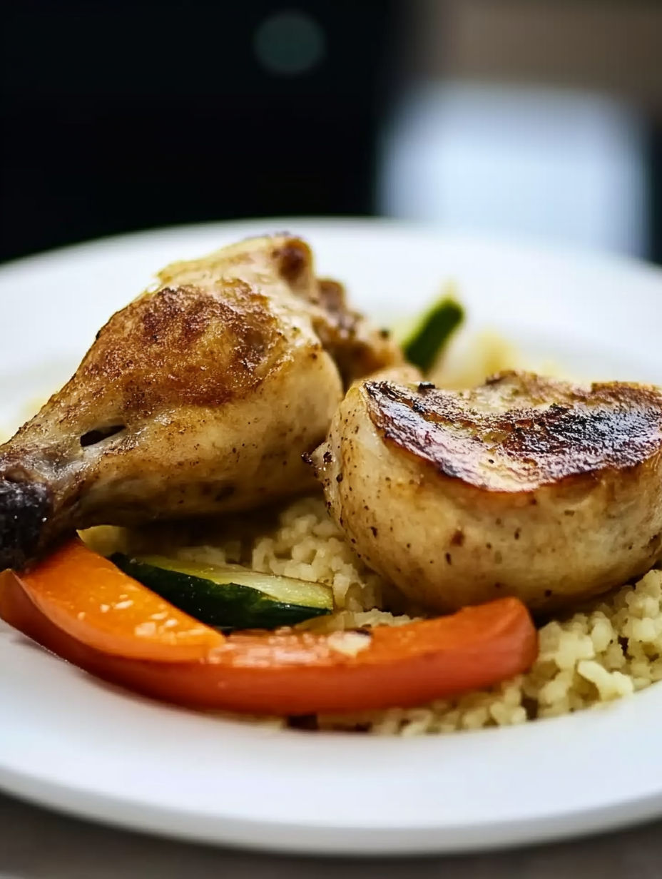 A plate of food with rice and chicken.