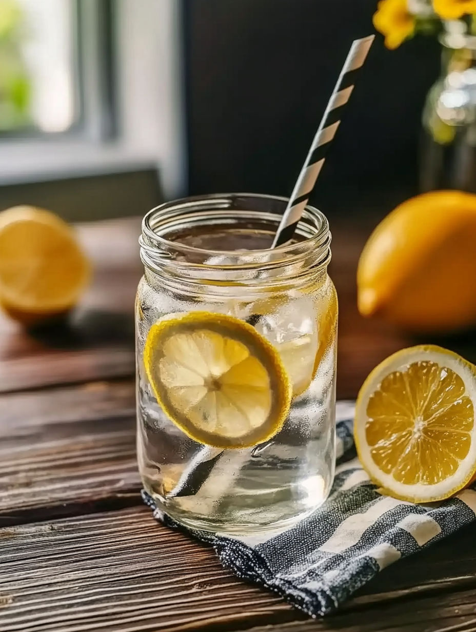 A glass of water with lemon slices in it.