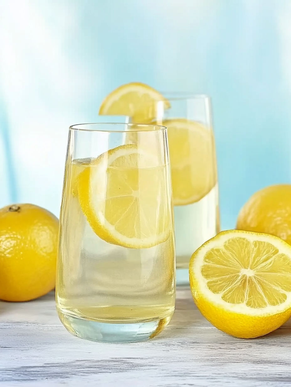 A glass of water with a lemon slice in it.