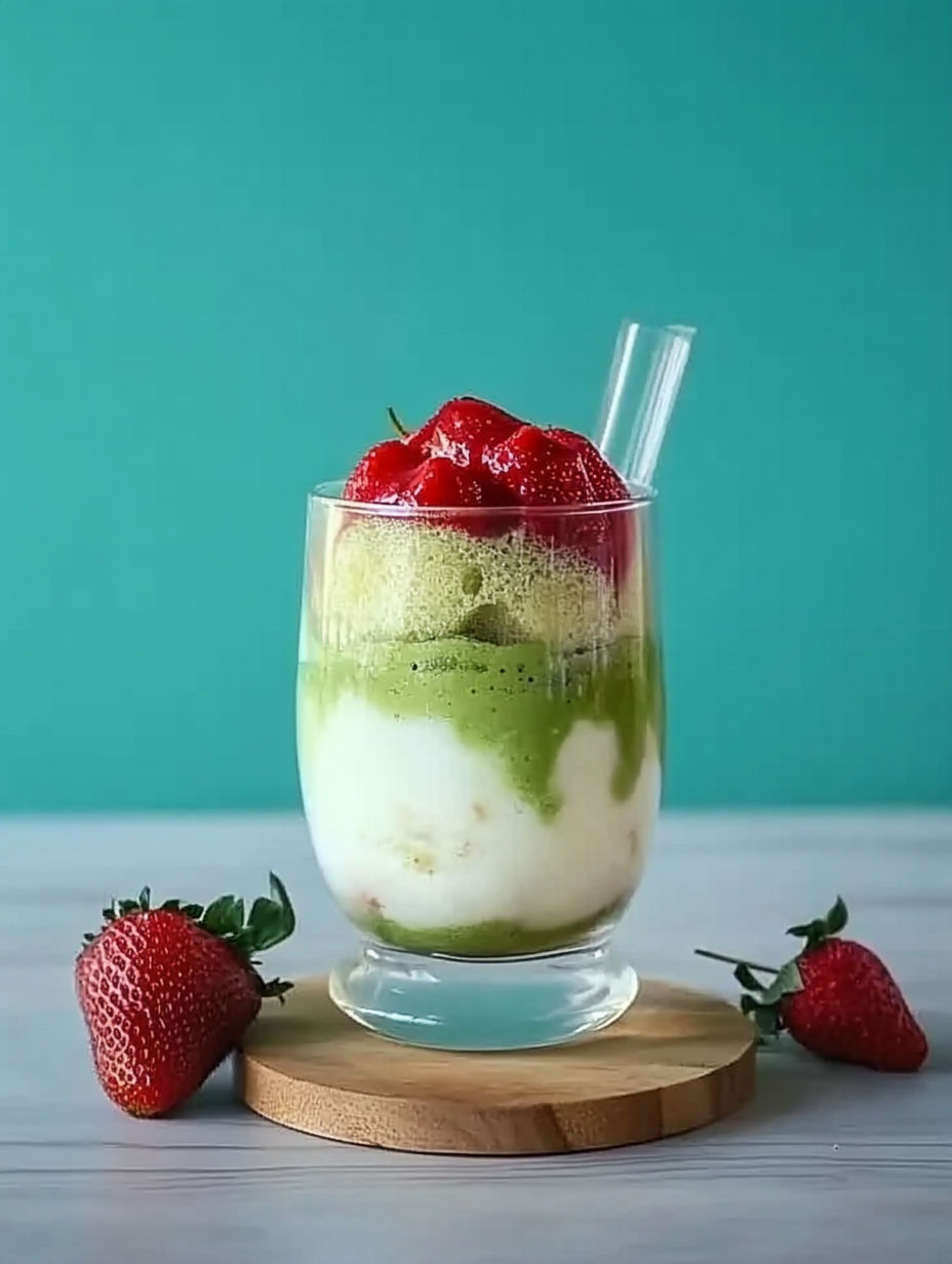 A glass of green smoothie with strawberries on a wooden table.