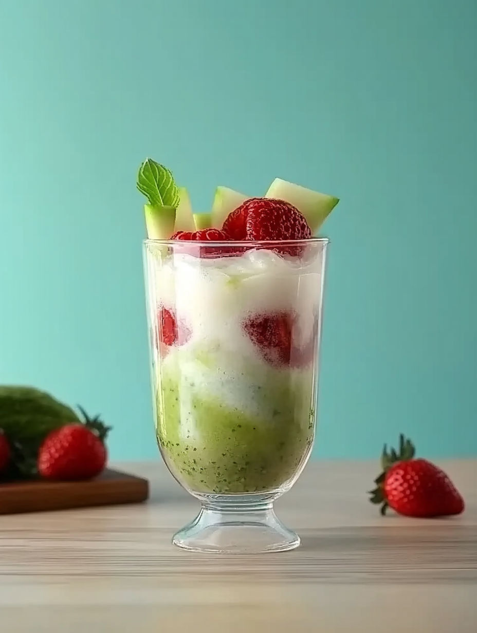 A glass of fruit with strawberries and green stuff.