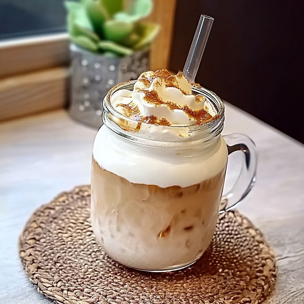 A glass of iced latte with caramel on top.