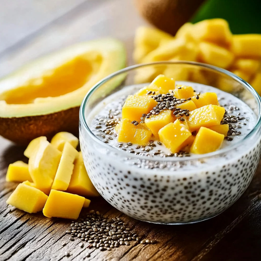 A bowl of chia seeds and coconut milk with sliced mangoes.