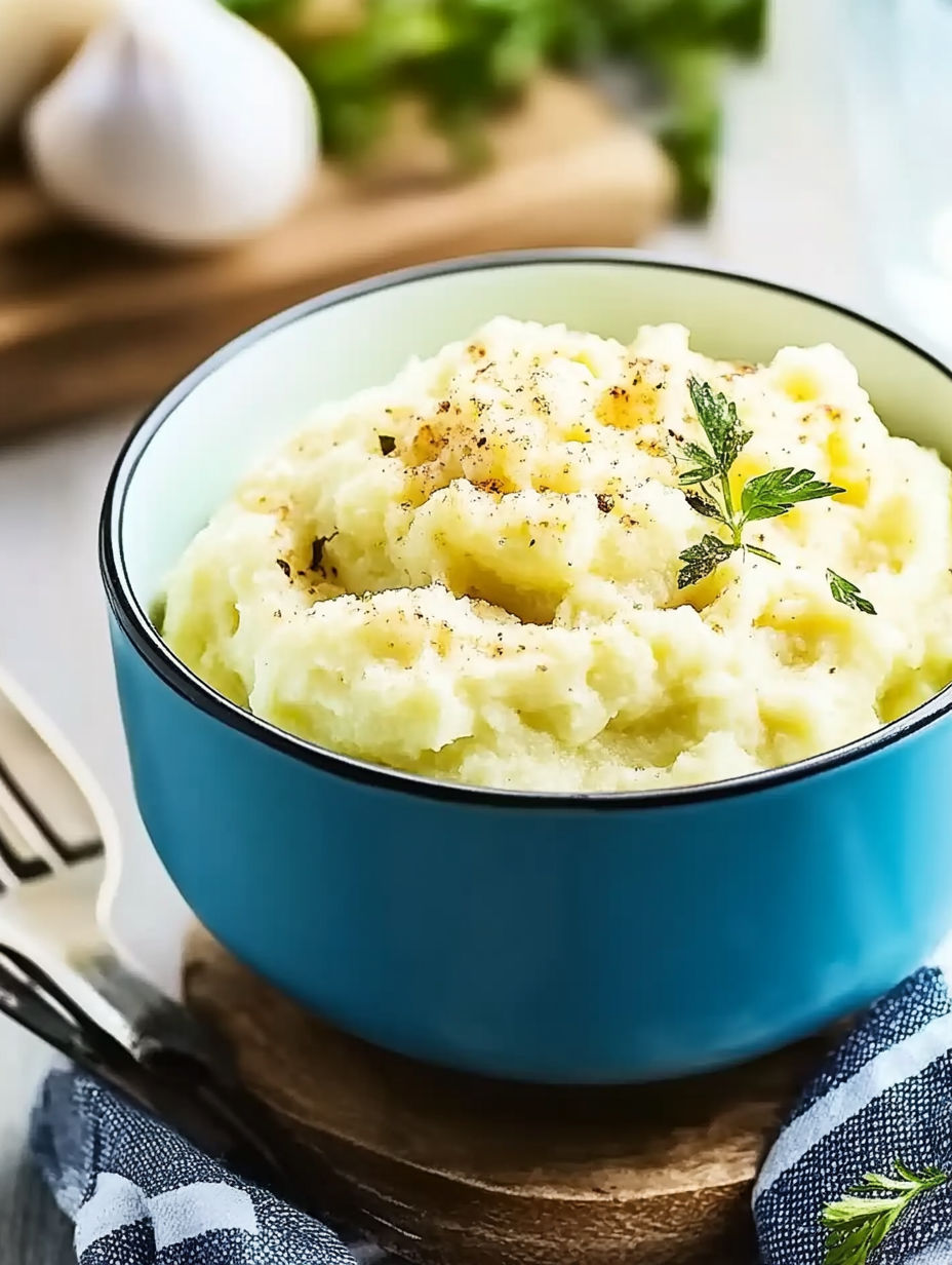 A bowl of mashed potatoes with a green herb on top.