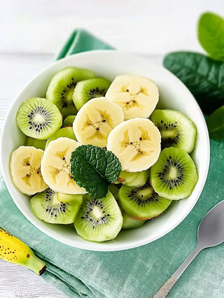 A bowl of fruit with kiwi, banana, and lime.