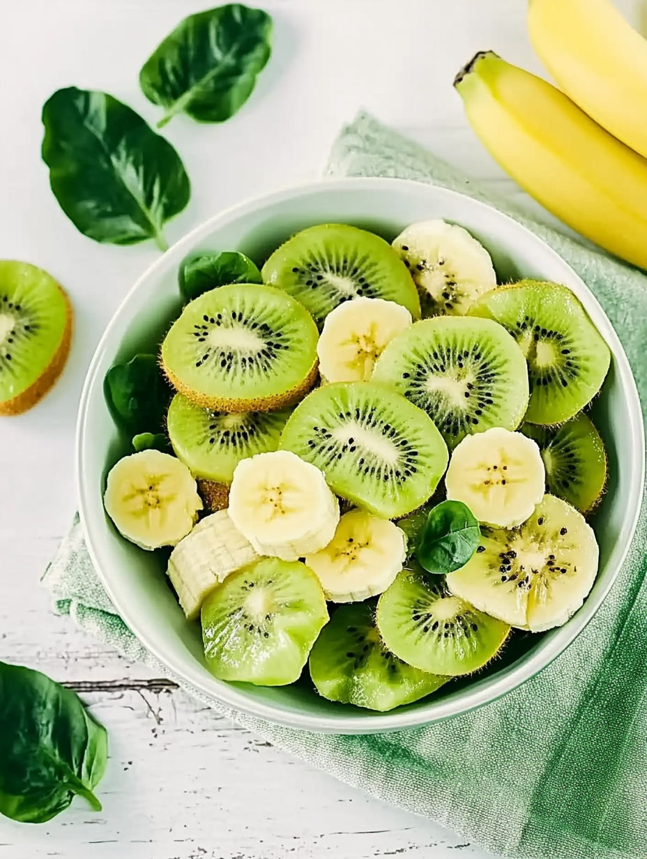 A bowl of fruit with kiwi, bananas, and other fruits.