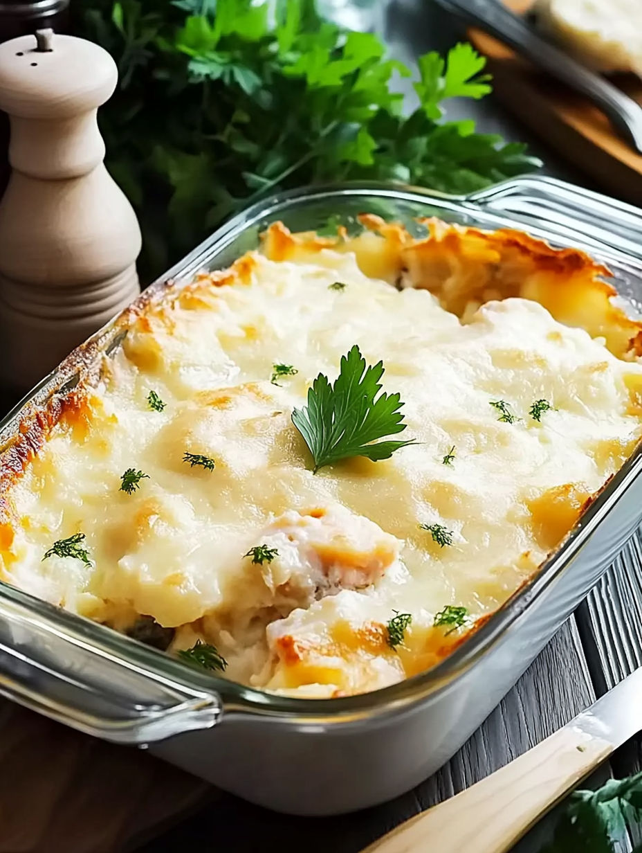 A glass dish filled with a cheesy casserole.