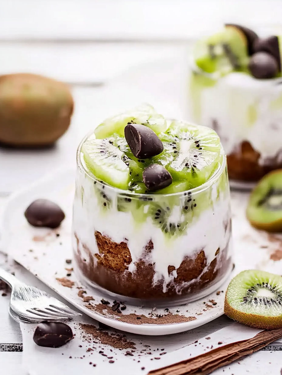 A white plate with a kiwi fruit dessert.