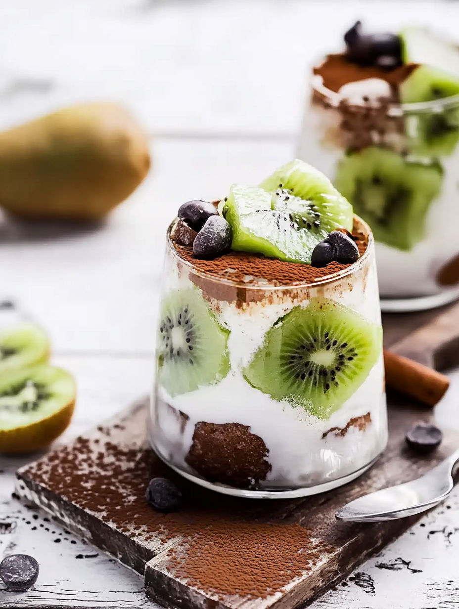 A glass of dessert with kiwi, chocolate, and whipped cream.