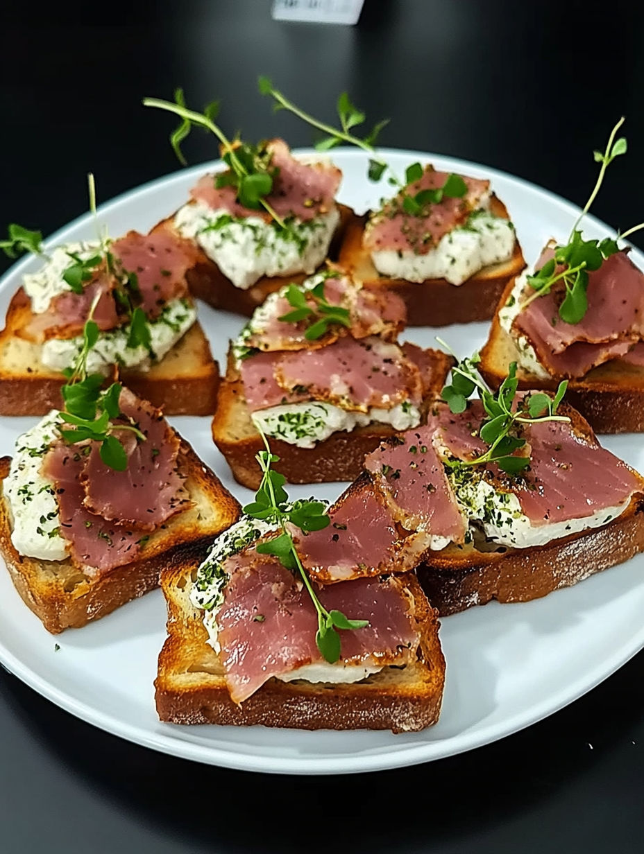A plate of toast with meat and vegetables on top.