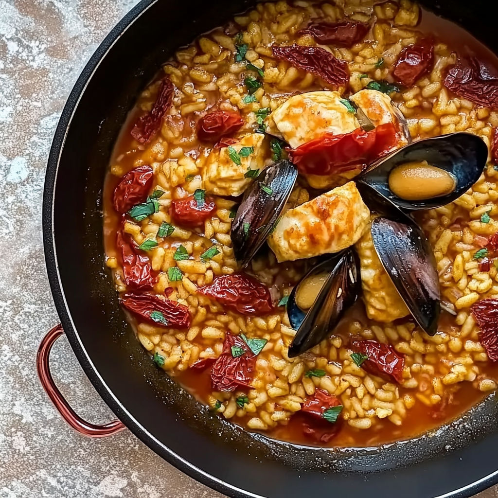 A bowl of food with mussels and tomatoes.