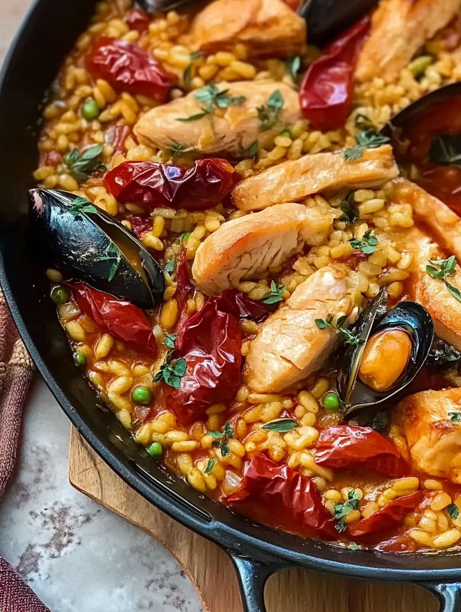 A pan of food with chicken, peppers, and mushrooms.