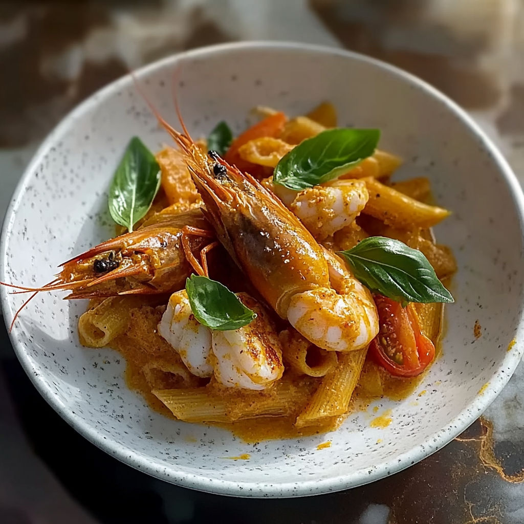 A bowl of shrimp and pasta.
