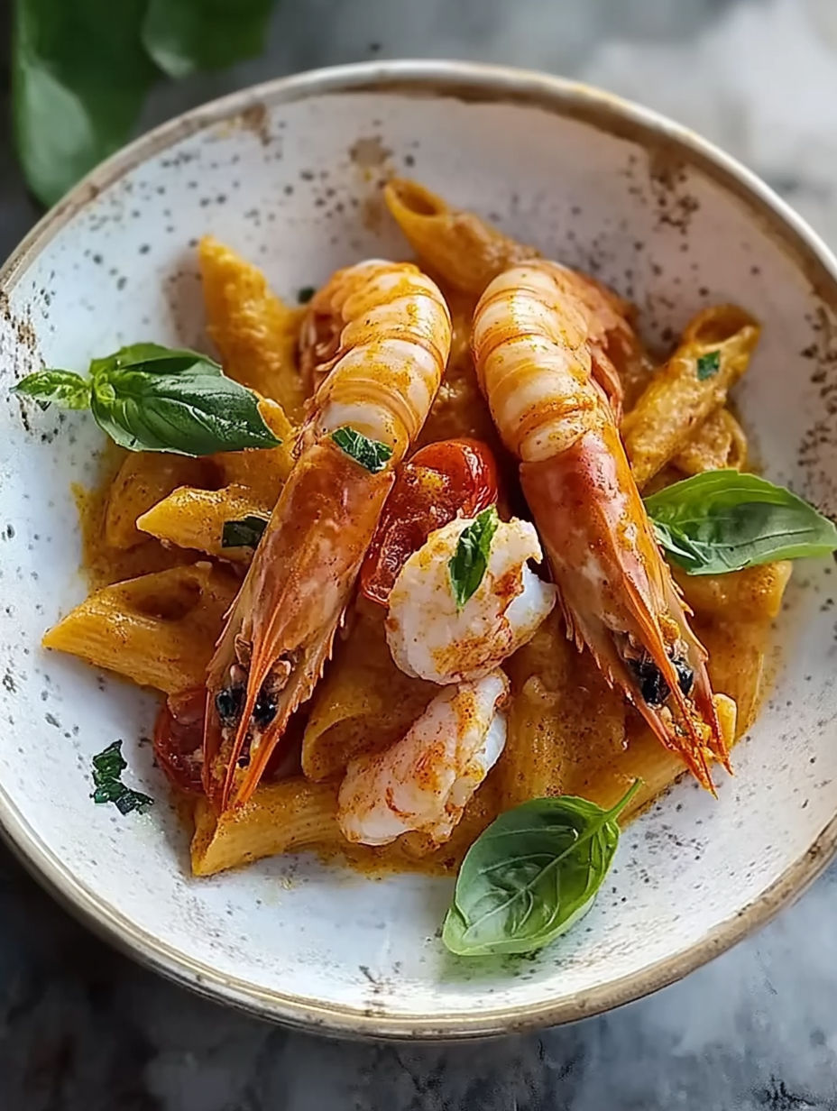 A bowl of pasta with shrimp and tomatoes.