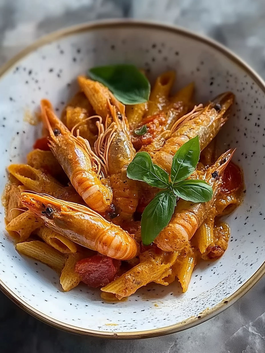 A bowl of pasta with shrimp and spinach.