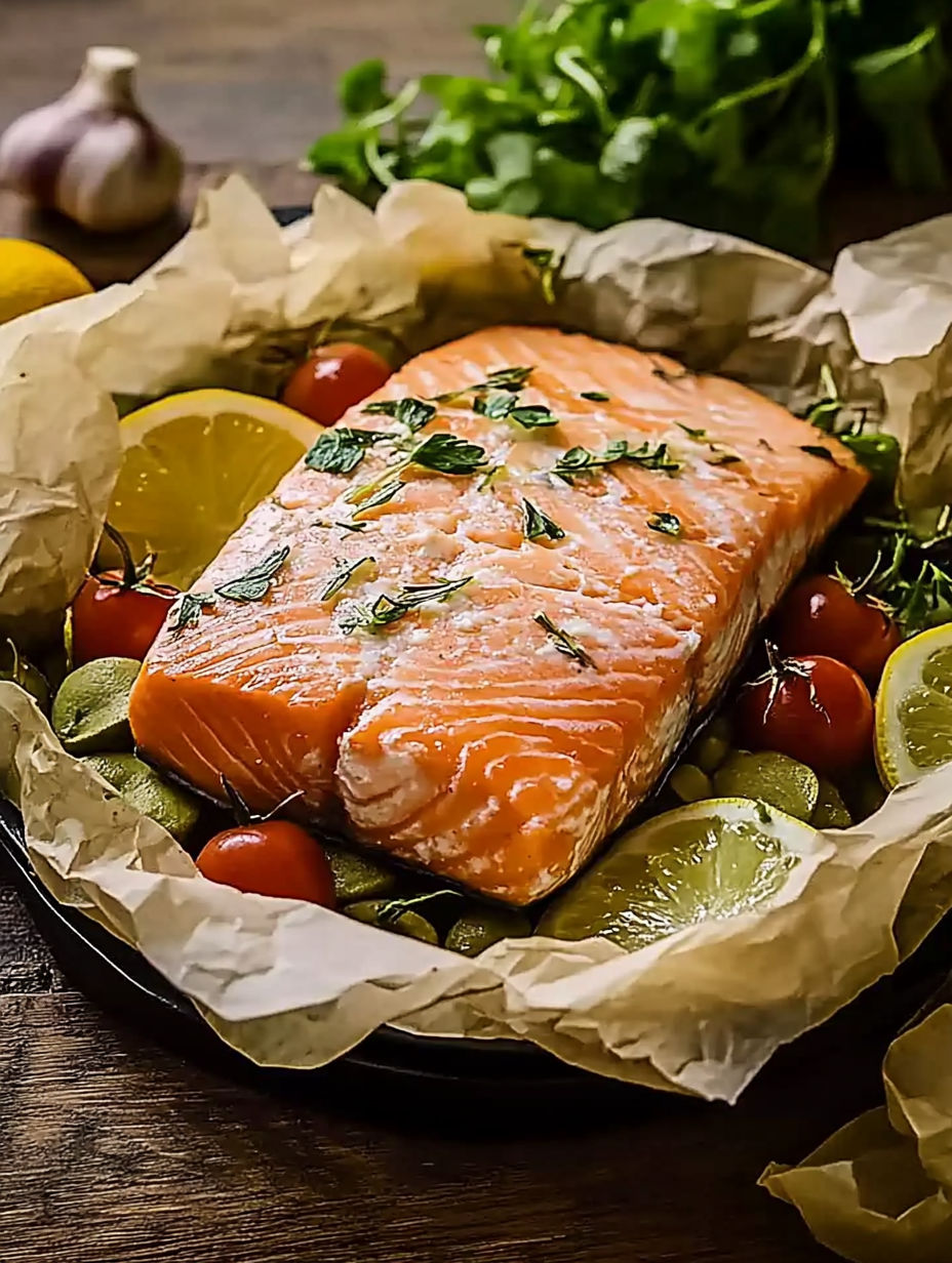 A salmon fillet with lemon and herbs.
