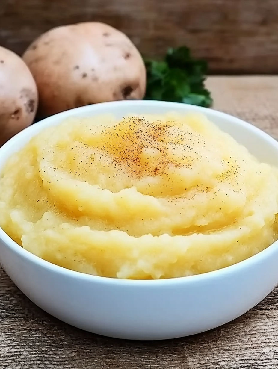 A bowl of mashed potatoes with a sprinkle of seasoning.