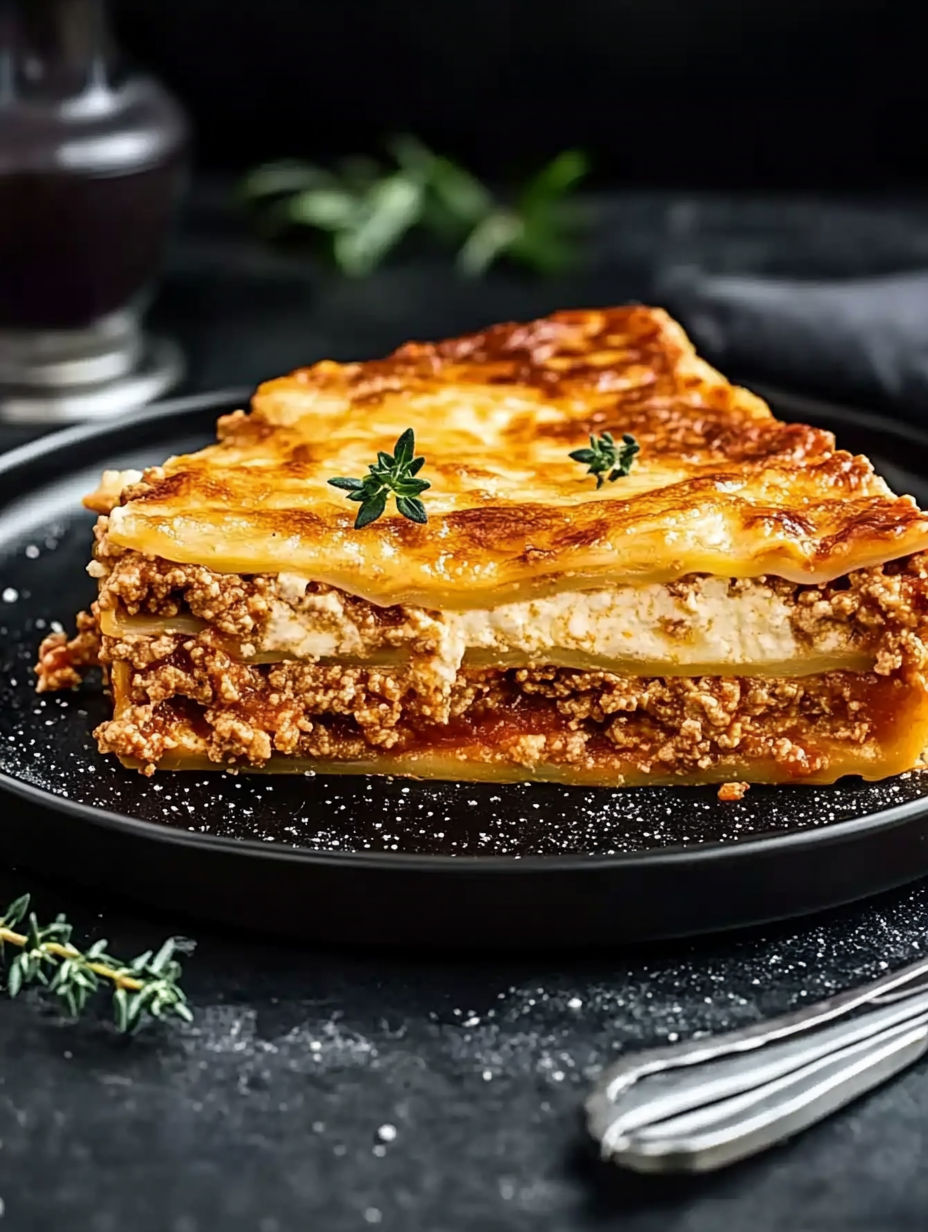 A slice of lasagna with a green herb on top.