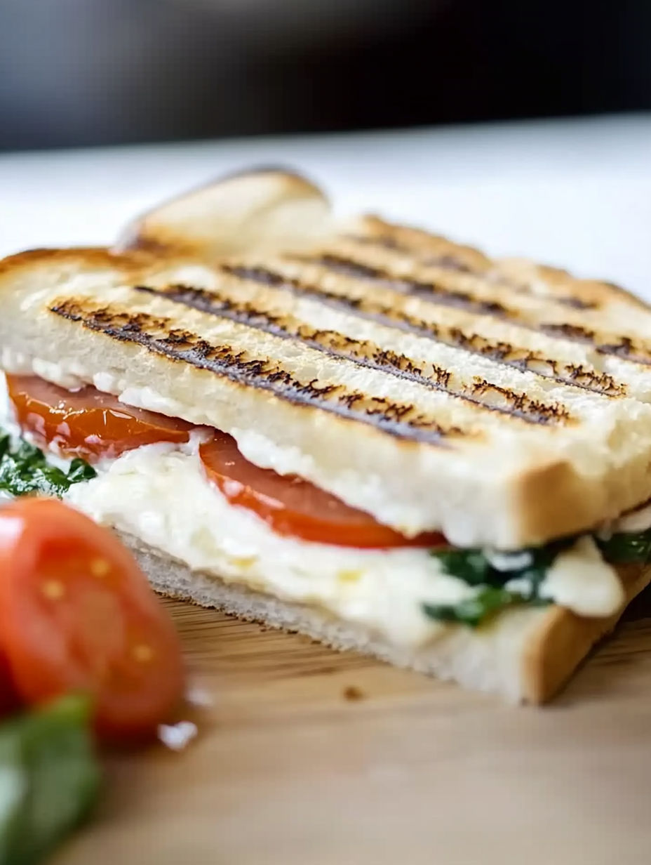 A sandwich with tomato, cheese, and spinach on a wooden table.