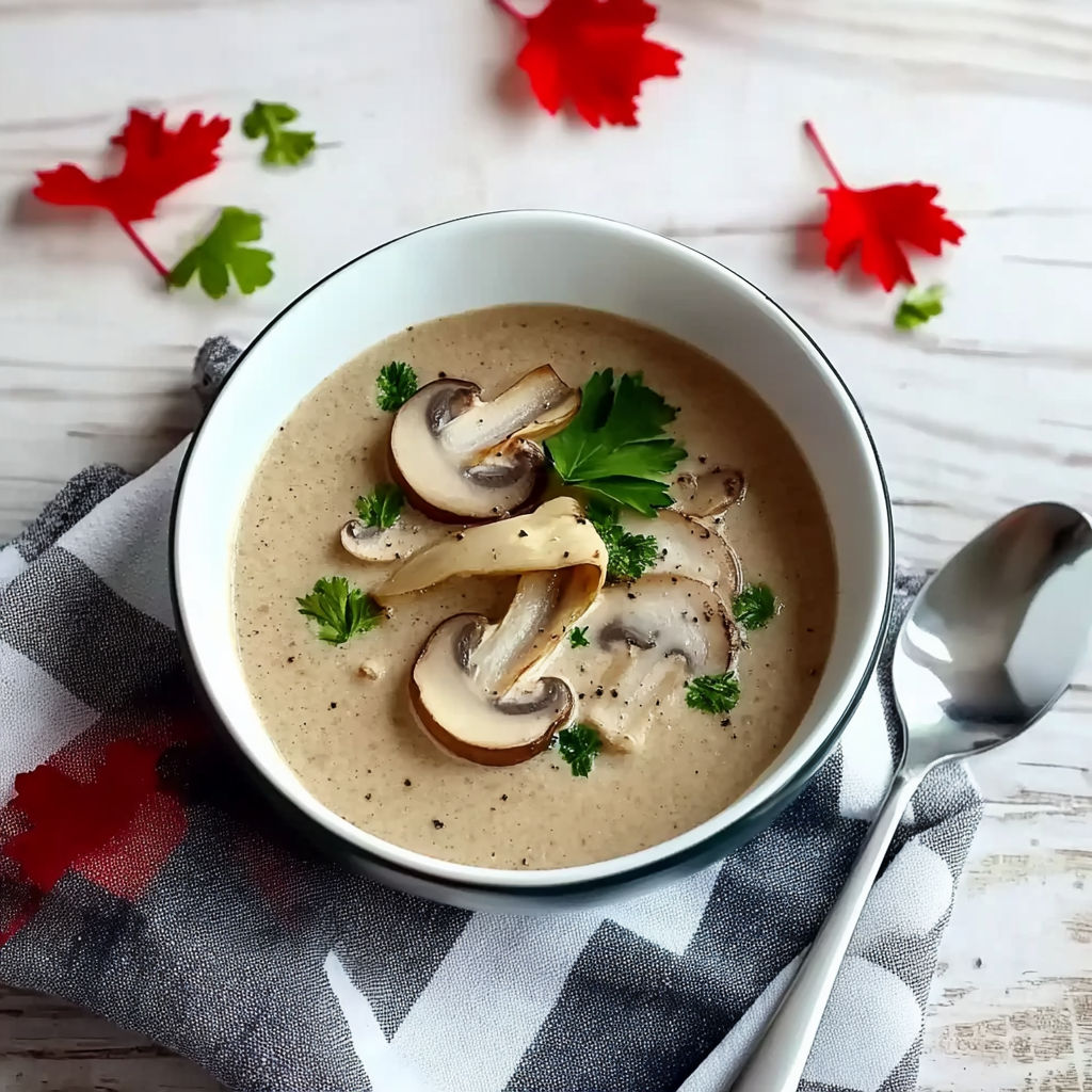 A bowl of soup with mushrooms and a spoon.
