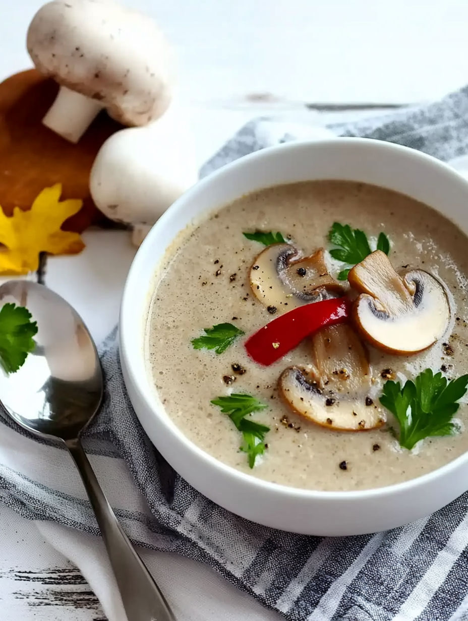 A bowl of soup with mushrooms and a spoon.