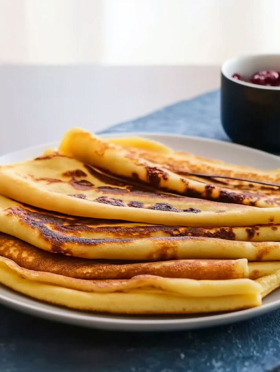 A stack of pancakes on a plate.