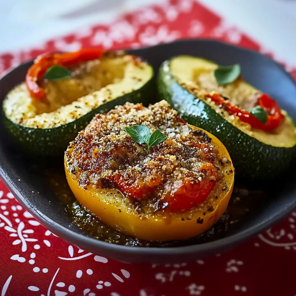 A plate of food with a tomato, zucchini, and pepper.