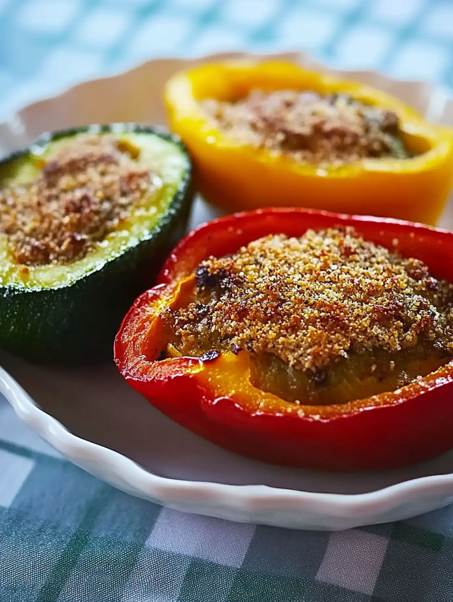 A plate with two peppers and a piece of meat.