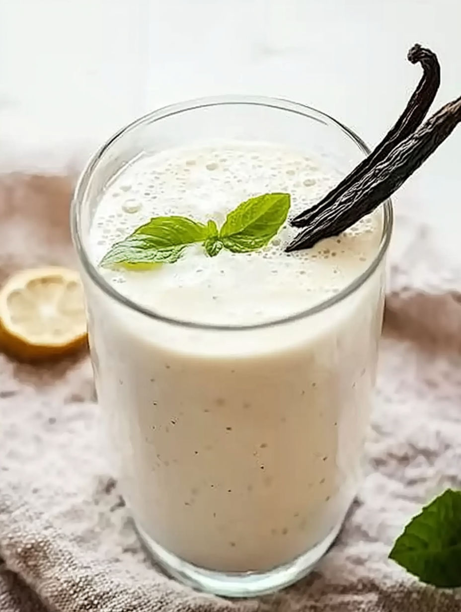 A glass of milk with a mint leaf in it.