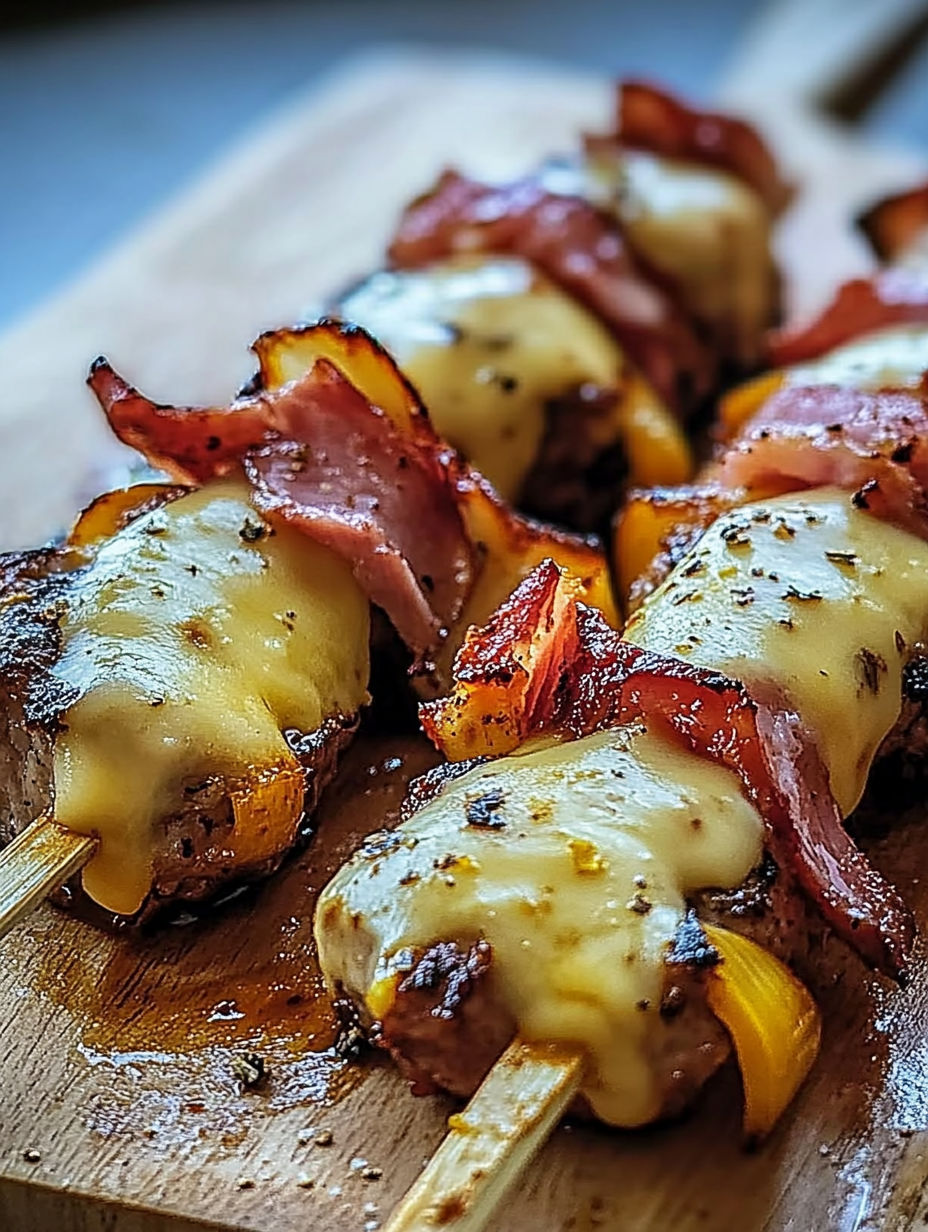 Bacon wrapped meat on a wooden platter.