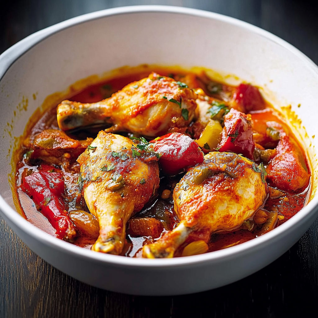 A bowl of chicken and vegetables.