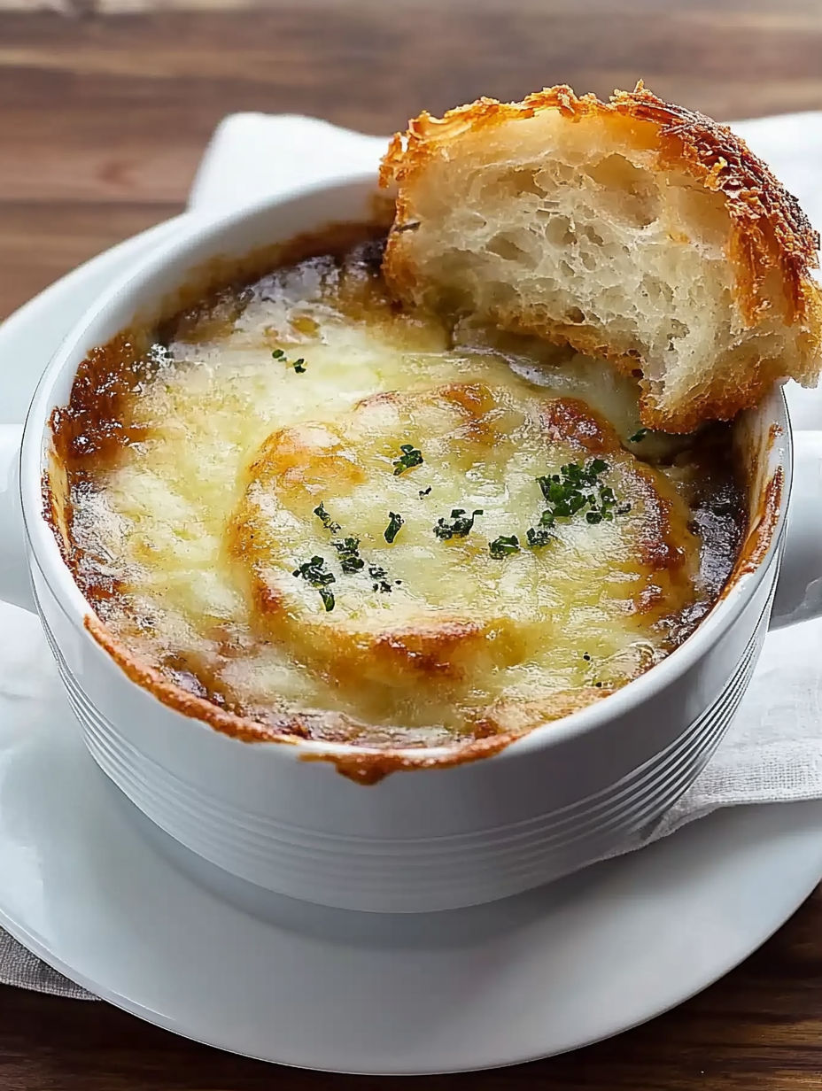 A bowl of soup with a piece of bread in it.