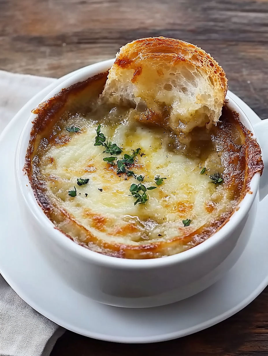A bowl of soup with a piece of bread in it.