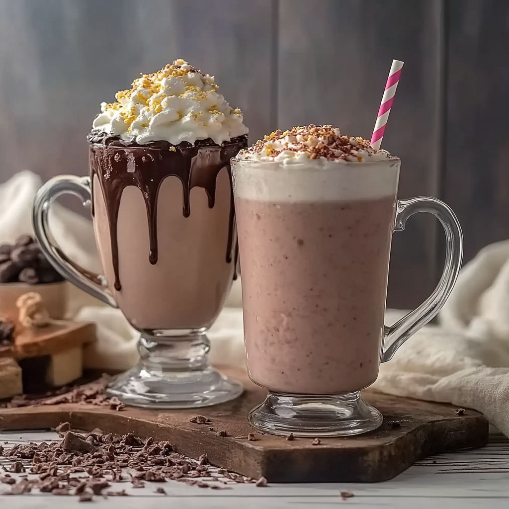 Two milkshakes with Nutella on top.