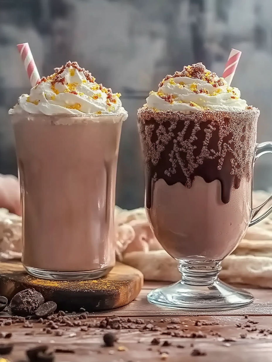 Two glasses of chocolate milk with whipped cream.