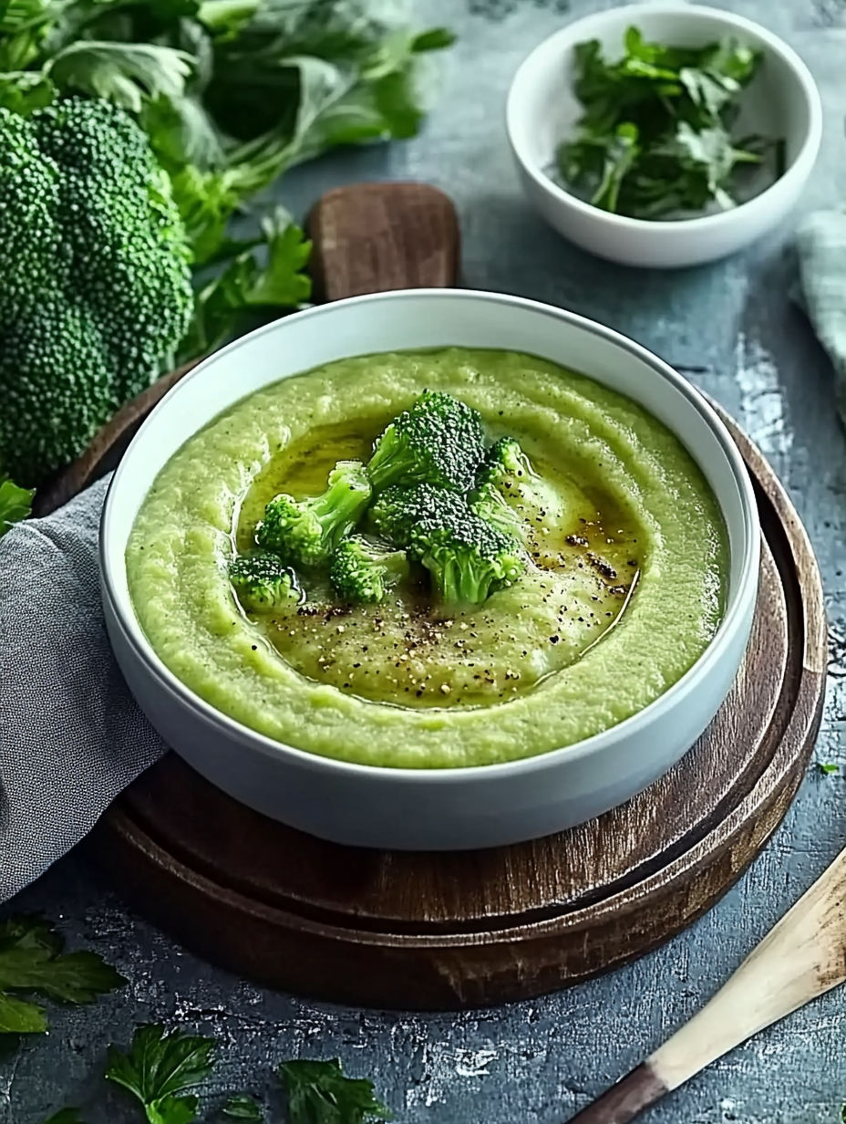 A bowl of soup with broccoli and a spoon.