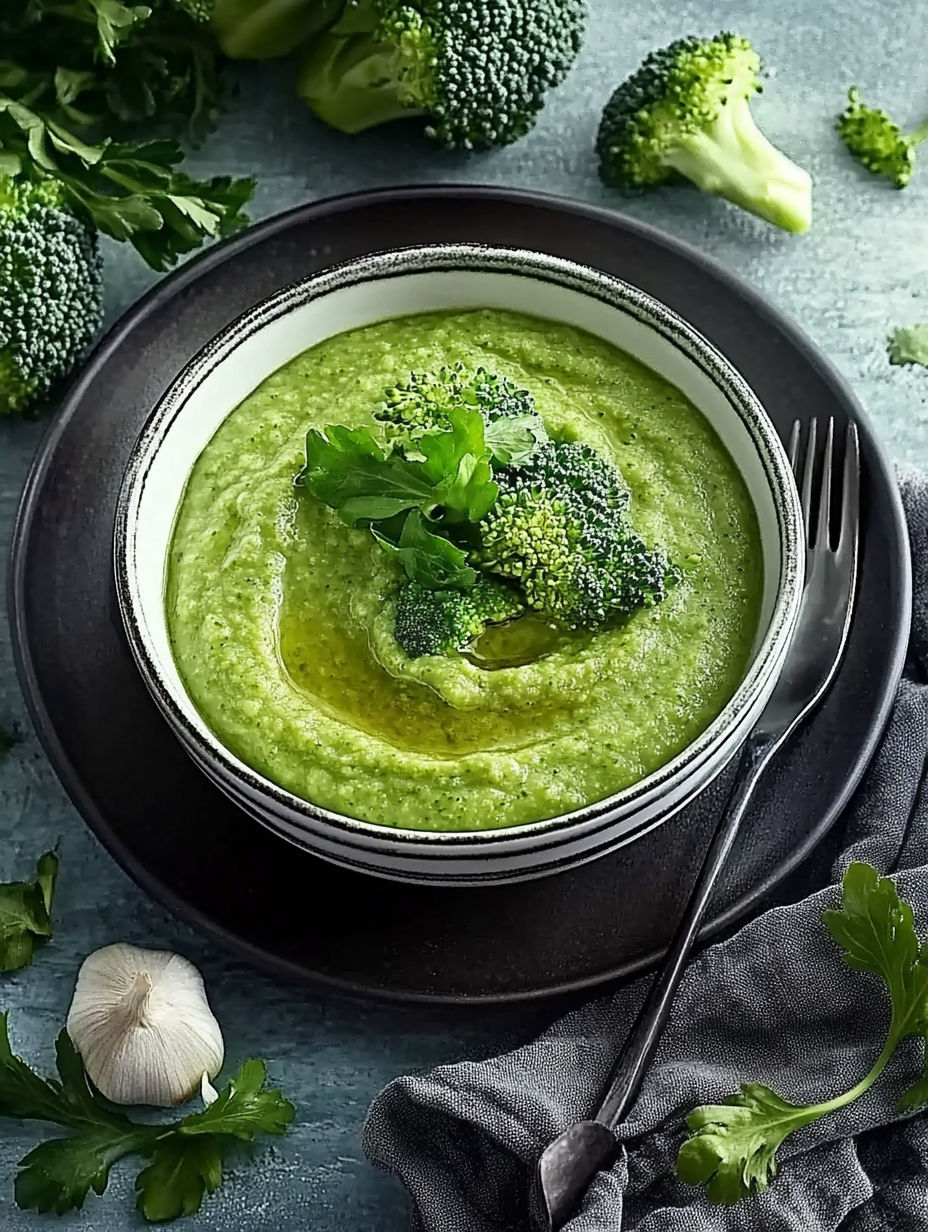 A bowl of soup with broccoli and a green sauce.