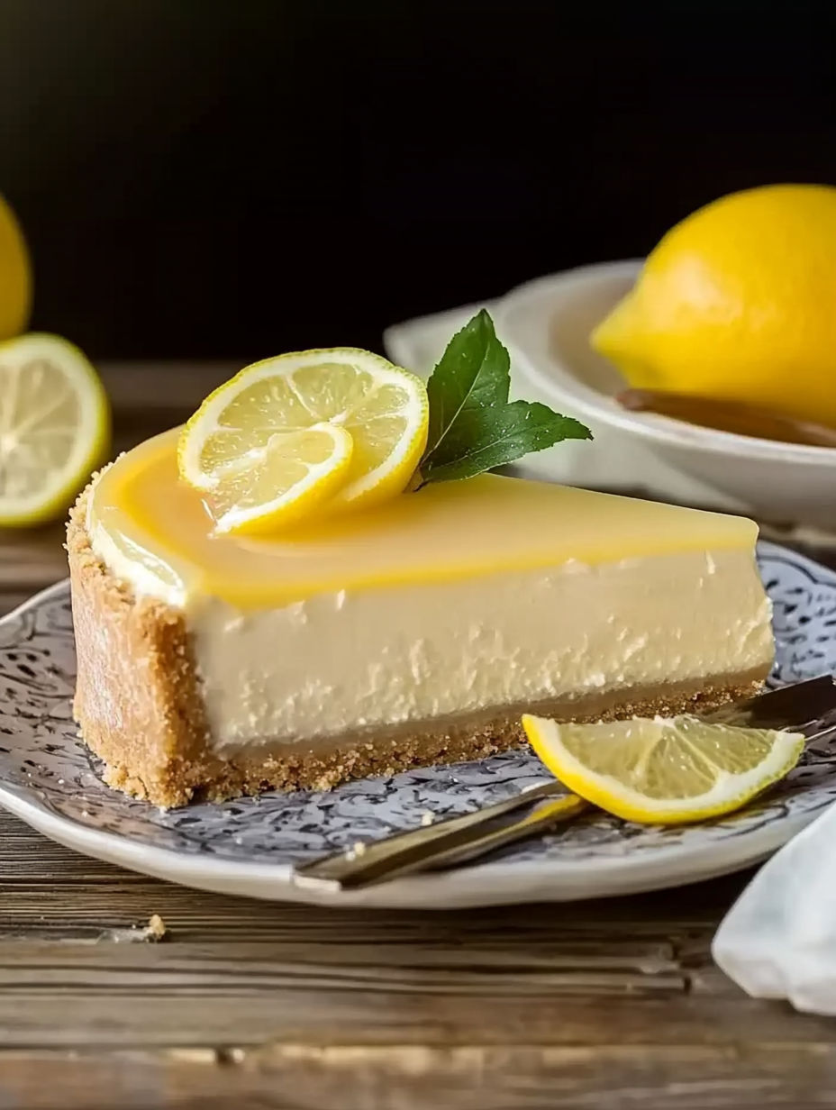 A slice of lemon cheesecake with a lemon wedge on top.