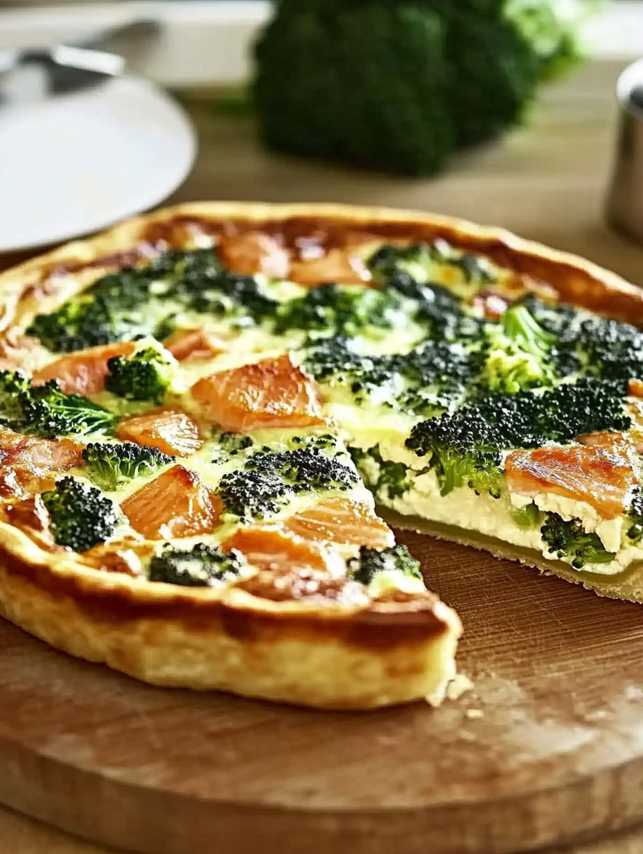 A slice of broccoli and salmon pizza.