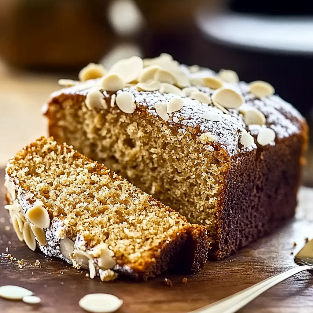 A slice of cake with almonds on top.