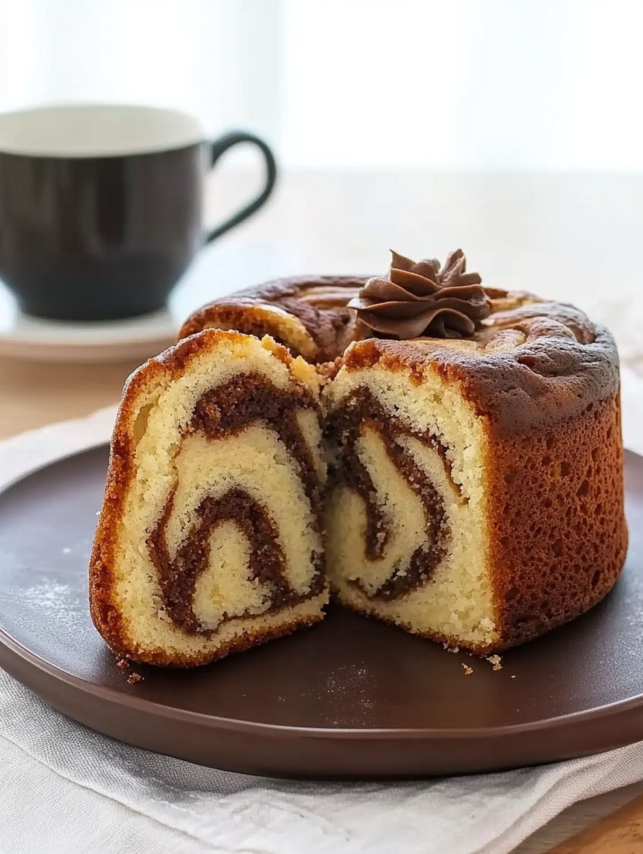 A slice of cake with chocolate frosting and a chocolate swirl.