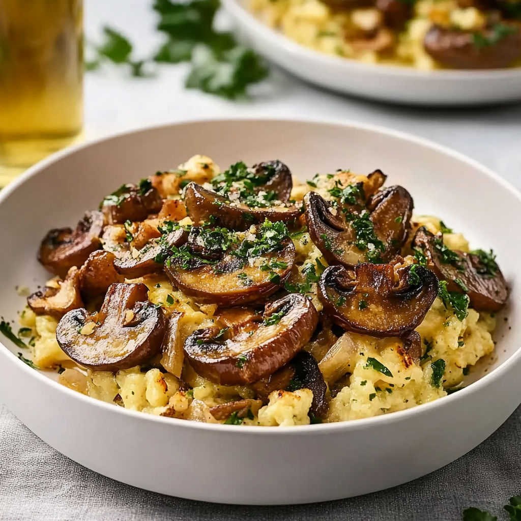 A bowl of mushrooms and potatoes.